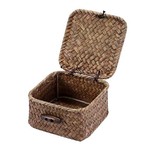 Small Wicker Basket with Lid, Square Seagrass Organizer - color: Coffee color, size: 3.5"L x 3.5"W x 2"H