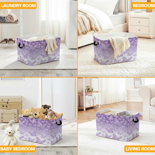 Purple Butterfly Laundry Hamper 56L Large Storage Bin with Handles - color: Purple Butterfly