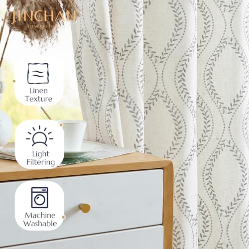 jinchan Boho Linen Curtains 63 Inch Grey on Beige Grommet 2 Panels - color: Vine Grey, size: 50"W x 63"L (Pack of 2)