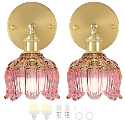 Battery Operated Wall Sconces Set of 2, Green Tulip Glass Wall Lights | Rechargeable flower wall lamps with remote control, 15 colors, 10-level dimming and timer for bedroom and living room - color: Flower Pink
