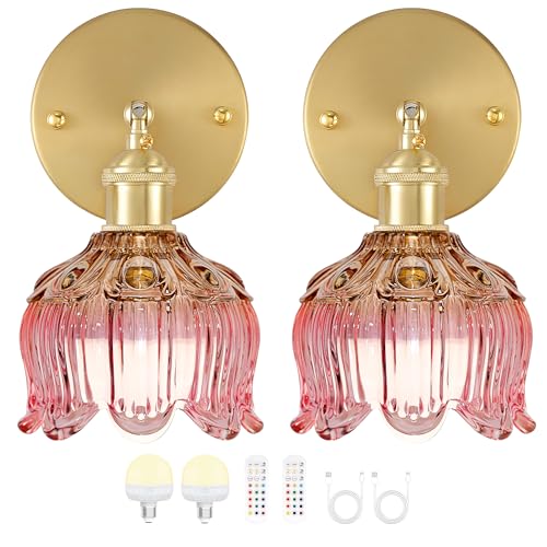 Battery Operated Wall Sconces Set of 2, Green Tulip Glass Wall Lights | Rechargeable flower wall lamps with remote control, 15 colors, 10-level dimming and timer for bedroom and living room - color: Flower Pink