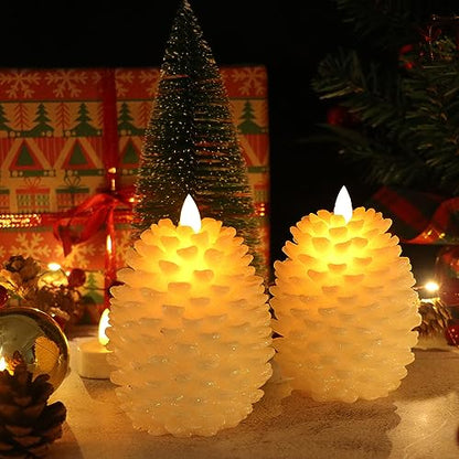 Wondise Pine Cone Flameless Flickering Candles with Remote and Timer - color: 7-White