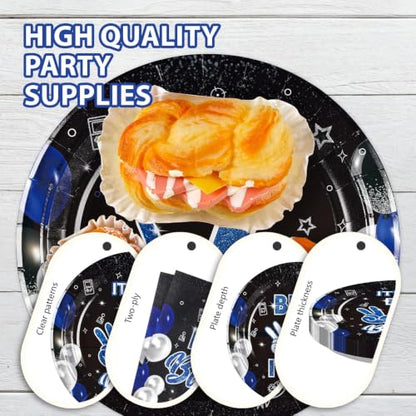 96 Pcs Bruh 7th Birthday Party Decorations for Boys, Serves 24 - style: Black Blue Bruh 7th Plates
