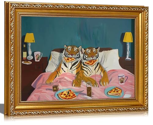Vintage Gold Framed-Funny Tiger Wall Art Picture,Humorous Tigers Eating Pizza in Bed Wall Decor,Dopamine Animal Poster Print for Living Room Bedroom kitchen 16x24in - color: Tiger, size: 24"L x 16"W