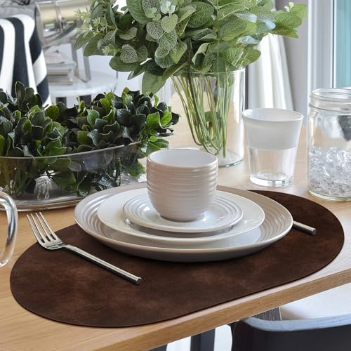 ADRIMER Oval Placemats Set of 6, Wipeable Faux Leather, Coffee - color: Coffee