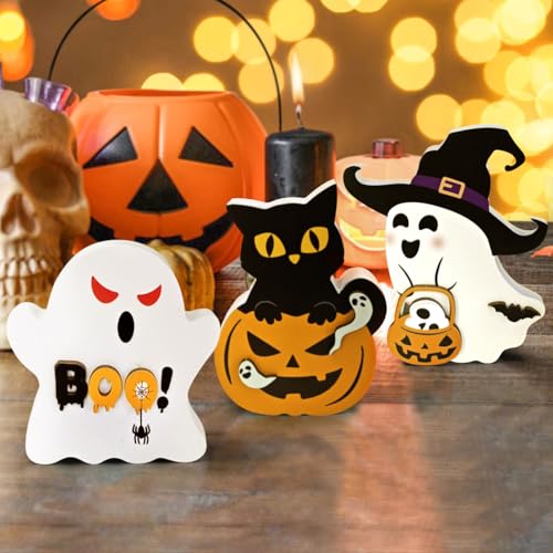 RCHCUDI 3 Piece Style Cute Wooden Ghosts Halloween Decorations indoor Table Decorations Cute Pumpkin Cat Signs Wizard Hat Wooden Blocks Boo Ghost Sign