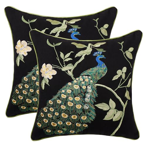 Holibeat Embroidered Flower Birds Throw Pillow Covers Spring Decorative Flower Pillowcases (Black, 18" x 18" (Pack of 2)) - color: Black, size: 18" x 18" (Pack of 2)