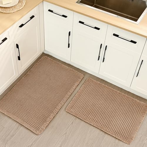 Luxury Waffle Bath Mat, Super Absorbent Non Slip Bathroom Rugs, Boho Ultra Soft Comfort Machine Washable Quick Dry Floor Mats with Tassels (Brown, 17" x 24" + 20" x 30") - color: Brown, size: 17" X 24" + 20" X 30"