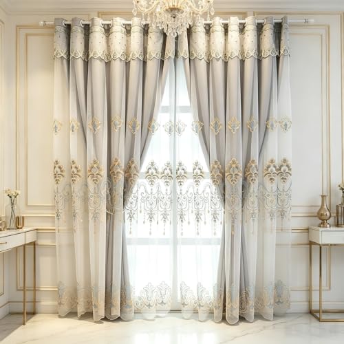 Amidoudou 1 Pair European Curtains with Valance Attached Double Layer Curtains for Living Room Bedroom (Grey,51x96 Inch) - color: Grey, size: 51"W x 96"L (Pack of 2)