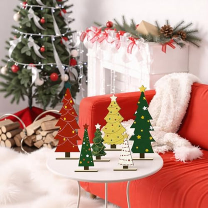 8PCS Christmas Wooden Tabletop Tree Decorations Set, Winter Holiday Wood Tree Table Centerpieces Fireplace Mantel Decor Merry Xmas Sign Table Top Party Supplies
