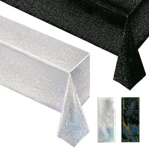 Just Shimmer 2 Pcs Black & Silver Holographic Laser Tablecloths Shiny Plastic Table Cloths 40" x 108" Black and White Classical Halloween Events Birthday Party Decor Anniversary Supplies - color: Black & Silver