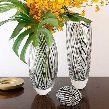 Murano Style Glass Vase Hand Blown Black and White Feather Pattern Effect - color: Black and White