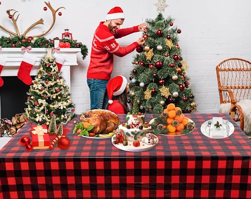 Kesfey Red and Black Gingham Tablecloth Christmas Party Table Cover 3 Packs - color: Red and Black