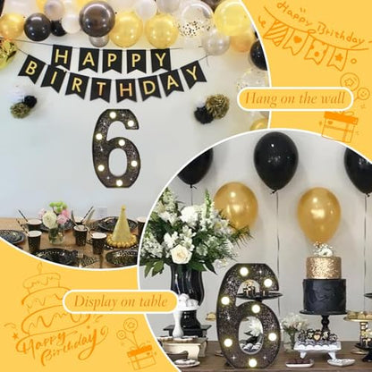 Black Glitter LED Marquee Number 6, Warm White Light Decor Sign - size: Number-6