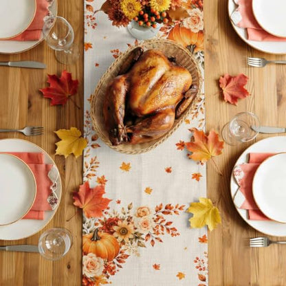 Fall Thanksgiving Table Runner 36 Inches Long,Orange Pumpkins Maple Leaf Flower Cotton Linen Table Runners Dresser Scarves,Farmhouse Fabric Tabletop Scarf Furniture Cover for Home Dinner Party 13"x36" - color: Cream, Terracotta, Dusty Rose, Autumn Orange,