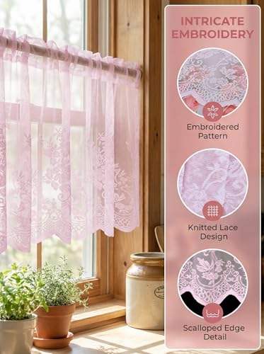 Molaxhome Kitchen Curtains Valance Pink Lace Floral Semi Sheer Curtain - color: Pink, size: 54"W x 35"L (Pack of 1)