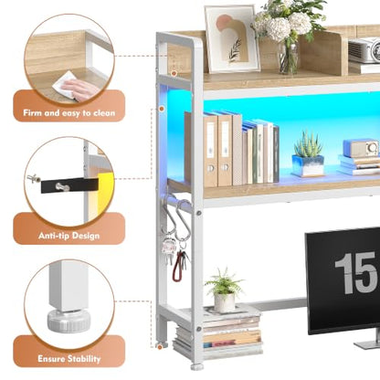 REIBII 2-Tier Desk Shelf, LED, Bedroom and Home Office, White - color: White, size: 7.8"D x 45.2"W x 38.7"H