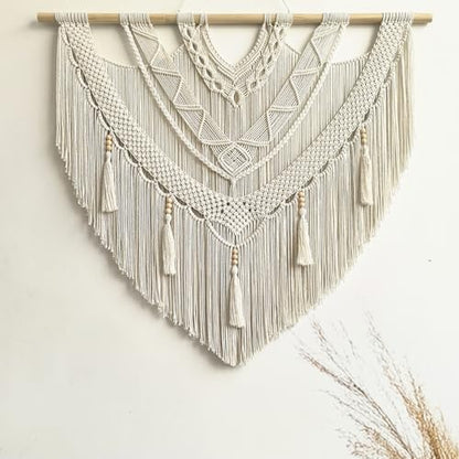 guzhiou Large Macrame Wall Hanging, Boho Woven Tapestry Decor Art, 43"x40" - color: Bead Fringe
