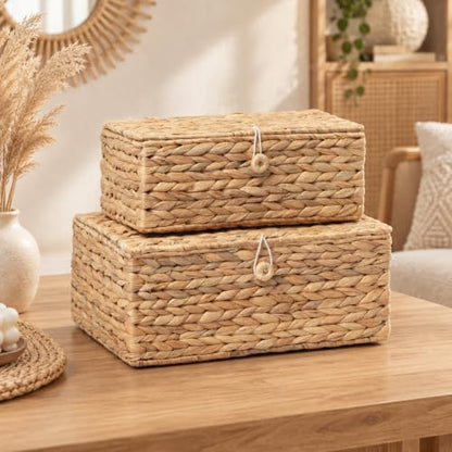 LUSYDECO Set of 2 Rectangular Wicker Storage Basket with Lid