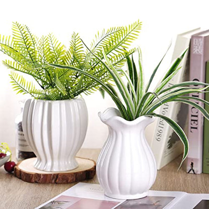VanEnjoy 6 inch Modern Ribbed Design Small White Ceramic Decorative Tabletop Centerpiece Vase Flower Pot - White Spiral - style: Tropical