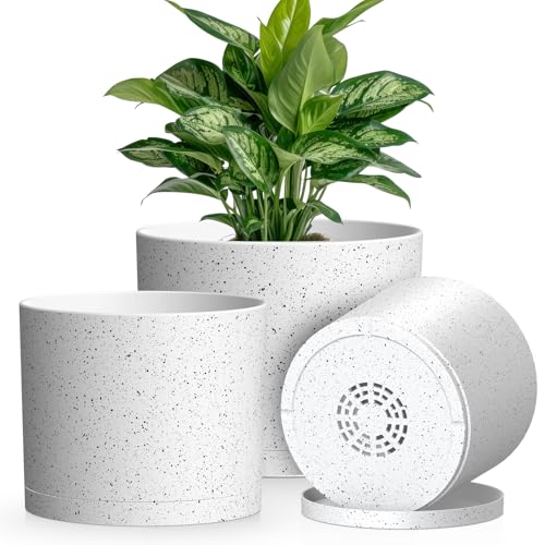 Plant Pots, 10/9/8 Inch 3 Pack Cylindrical Flower Pots with Drainage Holes and Saucers, Plastic Planters for Outdoor Indoor Plants,White with Black Speckles - color: White With Black Speckles