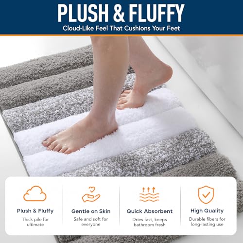 XIYUNTE Shaggy Bathroom Rugs 24x16, Extra Thick 2000GSM Non Slip Bath Mat with Drain Groove Rubber Backing, Washable Quick Dry Absorbent Microfiber Bath Rugs for Bathroom Floor Tub Shower, Gray White - color: Gray White, size: 24” x 16”