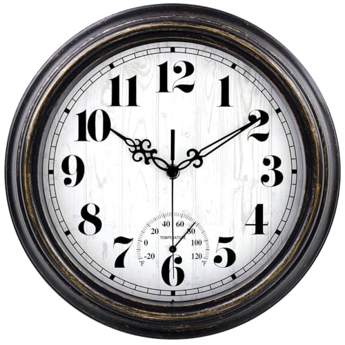 zyzamay 12 Inch Indoor Outdoor Clocks,Waterproof Wall Clock with Thermometer,Easy to Read,Non-Ticking Battery Operated Quality Quartz Clock, Decorative for Patio,Porch,Pool,Bathroom(BlackGold) - color: Blackgold