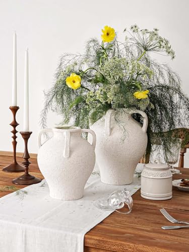 Large White Ceramic Vase with 4 Handles, 10.8 Inch, Rustic Farmhouse - color: Yeda - Rock Sand White, size: L(10.8"-11.8")