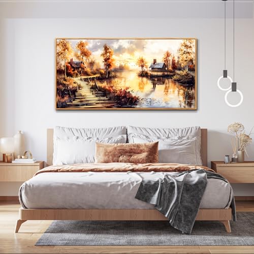 Large Framed Rustic Farmhouse Landscape Wall Art for Living Room, 40x20 In - color: Countryside Painting Wood Framed, size: 40"L x 20"W