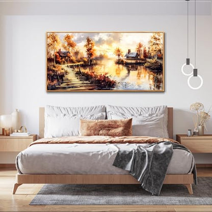 Large Framed Rustic Farmhouse Landscape Wall Art for Living Room, 40x20 In - color: Countryside Painting Wood Framed, size: 40"L x 20"W