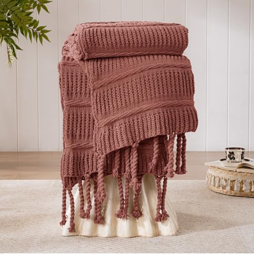 Boho Knitted Chenille Blanket with Tassels - Lightweight & Soft All-Season Throw - 3D Classic Pattern for Living Room Bedroom Couch, Clay Brown, King 90"x108" - color: Clay Brown, size: King