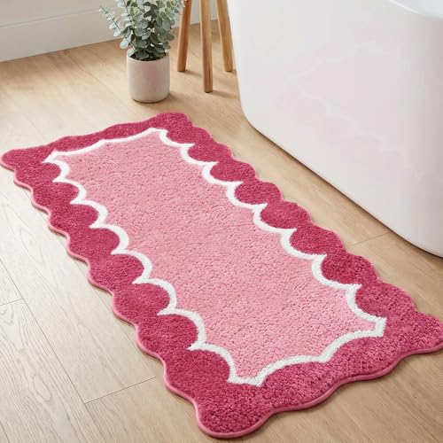 Scalloped Rose Pink Bathroom Rug Runner, Non Slip Absorbent 24"x59" - color: Rose Pink, size: 2' x 4'92" (Rectangular)