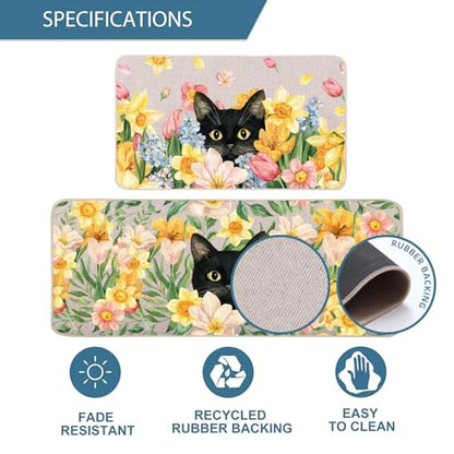 Tulip Black Cat Kitchen Mats Set of 2, Waterproof Non-Slip Kitchen Rugs - color: Tulip Black Cat
