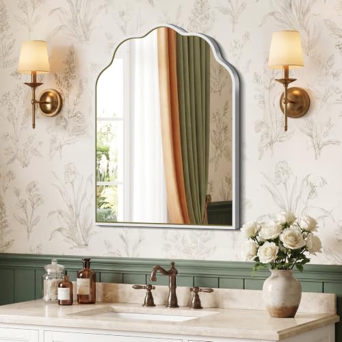 Scalloped Arched Mirror, 18×24Inch Silver Mirror for Bathroom, Wavy Wall Mounted Vanity Mirror with Aluminum Alloy Frame for Livingroom Bedroom and Entryway, Tempered Glass - color: Silver, size: 24"L x 18"W