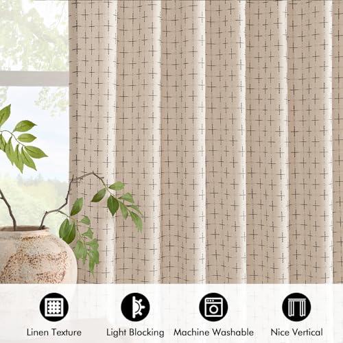 MIULEE Patterned Farmhouse Linen Curtains, Back Tab, 52Wx63L, Beige - color: Beige, size: 52"W x 63"L (Pack of 2)