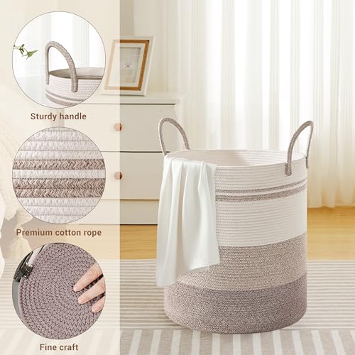 53L Tall Cotton Rope Laundry Basket with Handles, Brown Striped - color: Brown Striped, size: 53L
