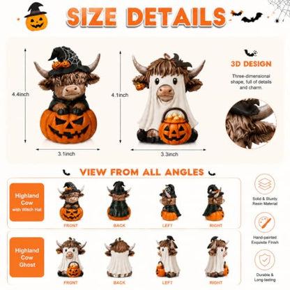 Karenhi 2 Pcs Halloween Highland Cows Figurines Resin, Pumpkin Decor - style: Ghost