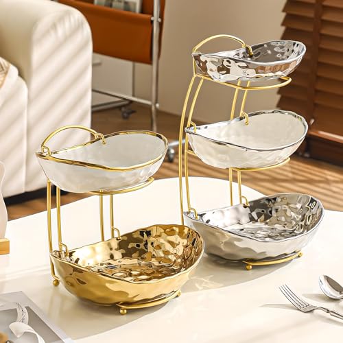 XUDREZ 2 Tier Fruit Bowl with Metal Stand, Ceramic, Gold - color: Gold, 2 Tier