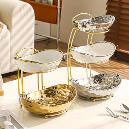 XUDREZ 2 Tier Fruit Bowl with Metal Stand, Ceramic, Gold - color: Gold, 2 Tier