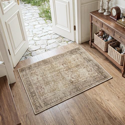 FMFUNCTEX 2x3 Washable Brown Vintage Distressed Small Area Rug for Entryway - color: Brown, size: 2' x 3' (Rectangular)