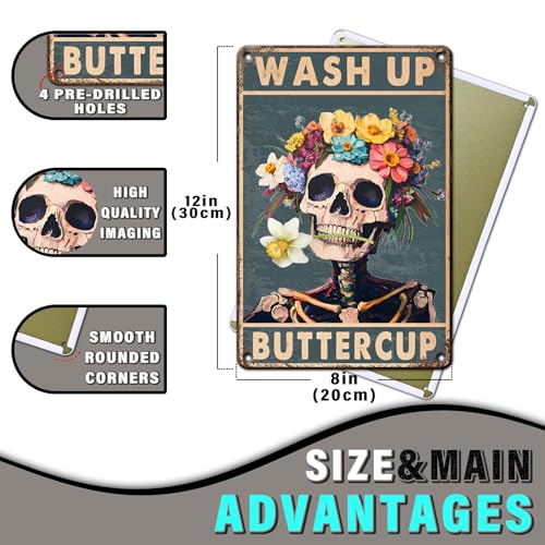 PEACHGARDEN Wash Up Buttercup Metal Sign, Funny Bathroom Decor, Skeleton Skull Bathroom Wall Art, Vintage Floral Aluminum Sign for Restroom Guest Bath Toilet, 8x12 Inch - color: Funny Skull, size: 20X30cm(12*8in)