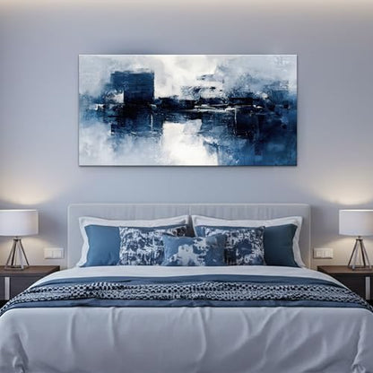 LKY ART Abstract Blue and White Canvas Wall Art, Large Painting Print - color: Light blue, size: 40"L x 20"W