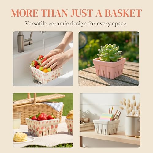 BIEN BEAU Pink Ceramic Berry Bowl with Colander,Set of 4 Strawberry Baskets - color: White,Pink