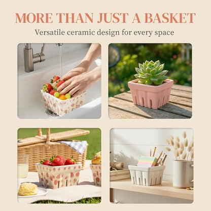 BIEN BEAU Pink Ceramic Berry Bowl with Colander,Set of 4 Strawberry Baskets - color: White,Pink