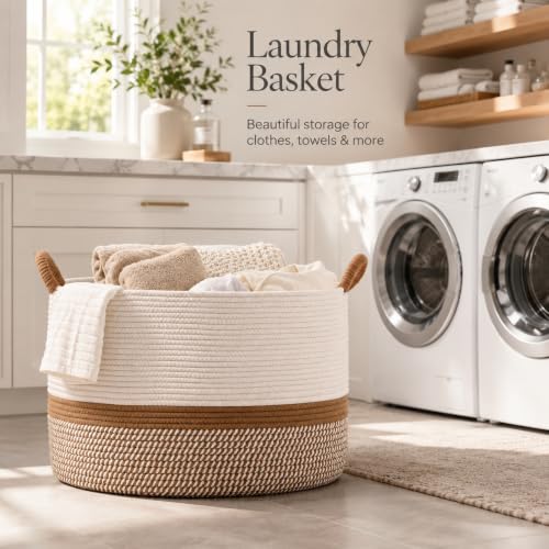 KAKAMAY Large Blanket Basket with Handles, Storage Basket for Living Room - color: Brown