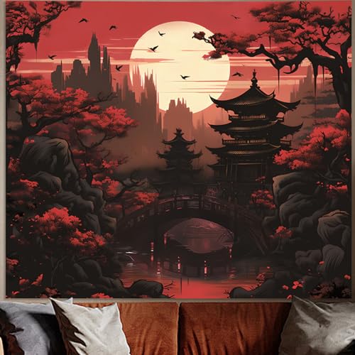 Avinyl Japanese Anime Tapestry for Bedroom Aesthetic, Black Red Sunset Forest Wall Art Decor Tapestries, Dark Nature Landscape Mountain Backdrop for Living Room Office Dorm 60in X 79in - color: Japanese Tower Tapestry, size: 79"L x 60"W