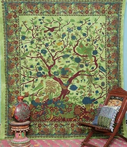 Popular Handicrafts Tapestry Wall Hanging Tree of Life Hippie Mandala Bohemian Hippy Kaleidoscopic Intricate Floral Design Indian Tapestries Bedspread 84x90 Inches,(215cm x 230cm) Green - color: Green, size: 90"L x 84"W