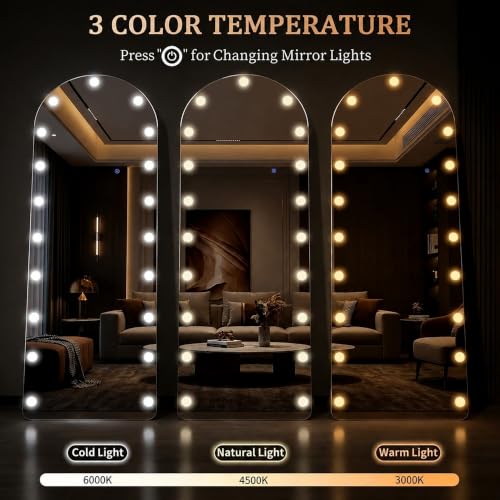 Arched Hollywood Full Length Mirror, 63"x20",Dimmable LED, 3 Color