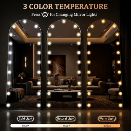 Arched Hollywood Full Length Mirror, 63"x20",Dimmable LED, 3 Color