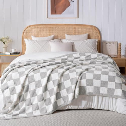 Exclusivo Mezcla Checkered Knit Blanket Twin Size for Bed, Light Grey - color: Light Grey, size: Twin (60"x80")